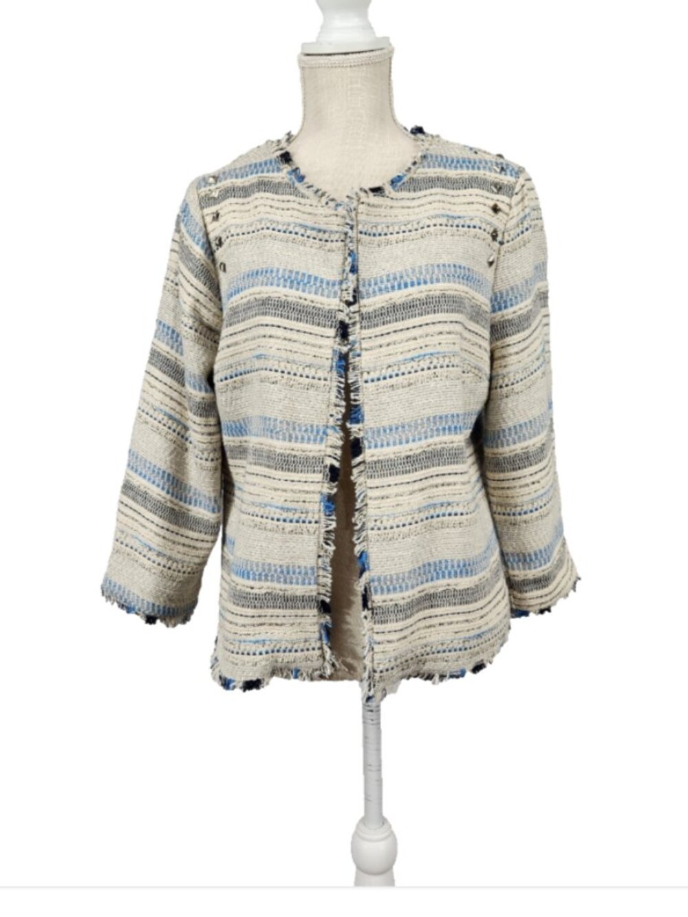 American Rag Boucle Tweed Open Front Jacket Womens L Frayed Fringe Studded Ivory